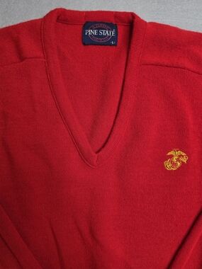 Pine State Red V-Neck Sweater with Embroidered Marines Crest